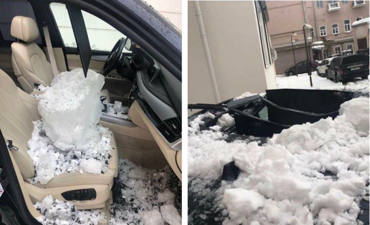 В Казани упавшая с крыши ледяная глыба изуродовала иномарку и едва не убила водителя