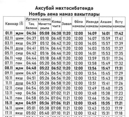 Время намаза в Аксубаево на ноябрь